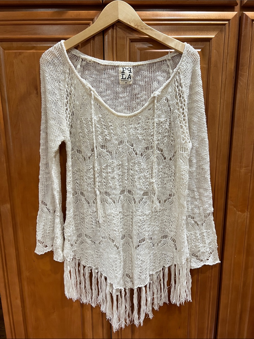 PPLA Cream Open-Weave Fringe Knit Top